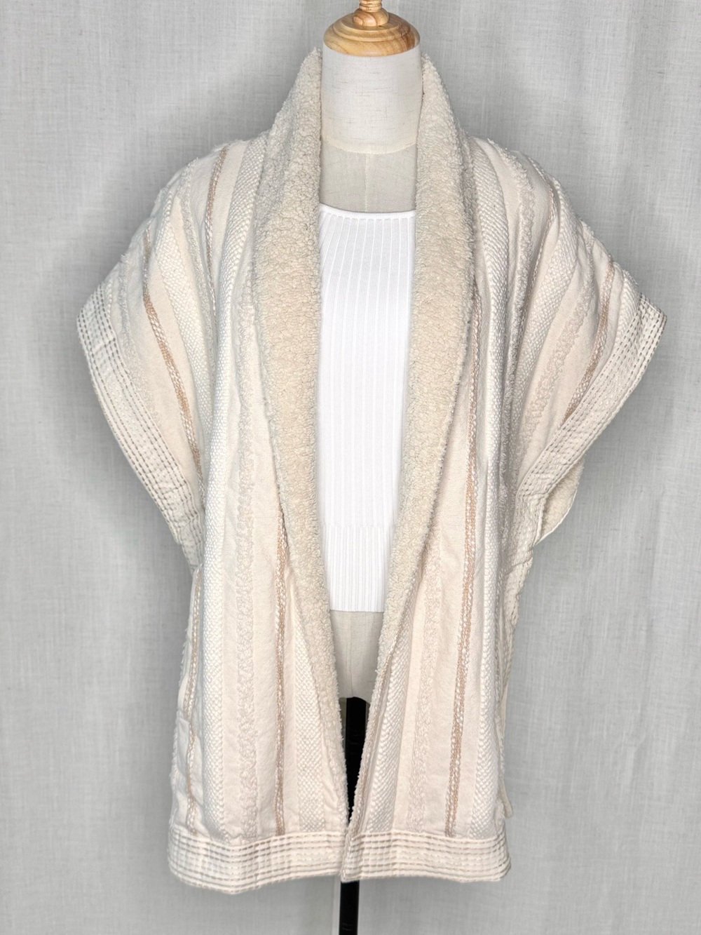 Faune 100% Cotton Open Front Sweater Vest Shawl Collar Pockets Cream Medium